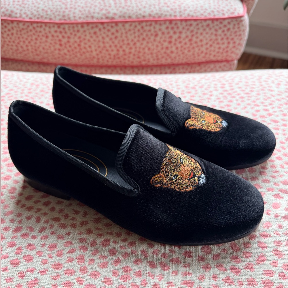 Black Velvet Embroidered Leopard Loafers